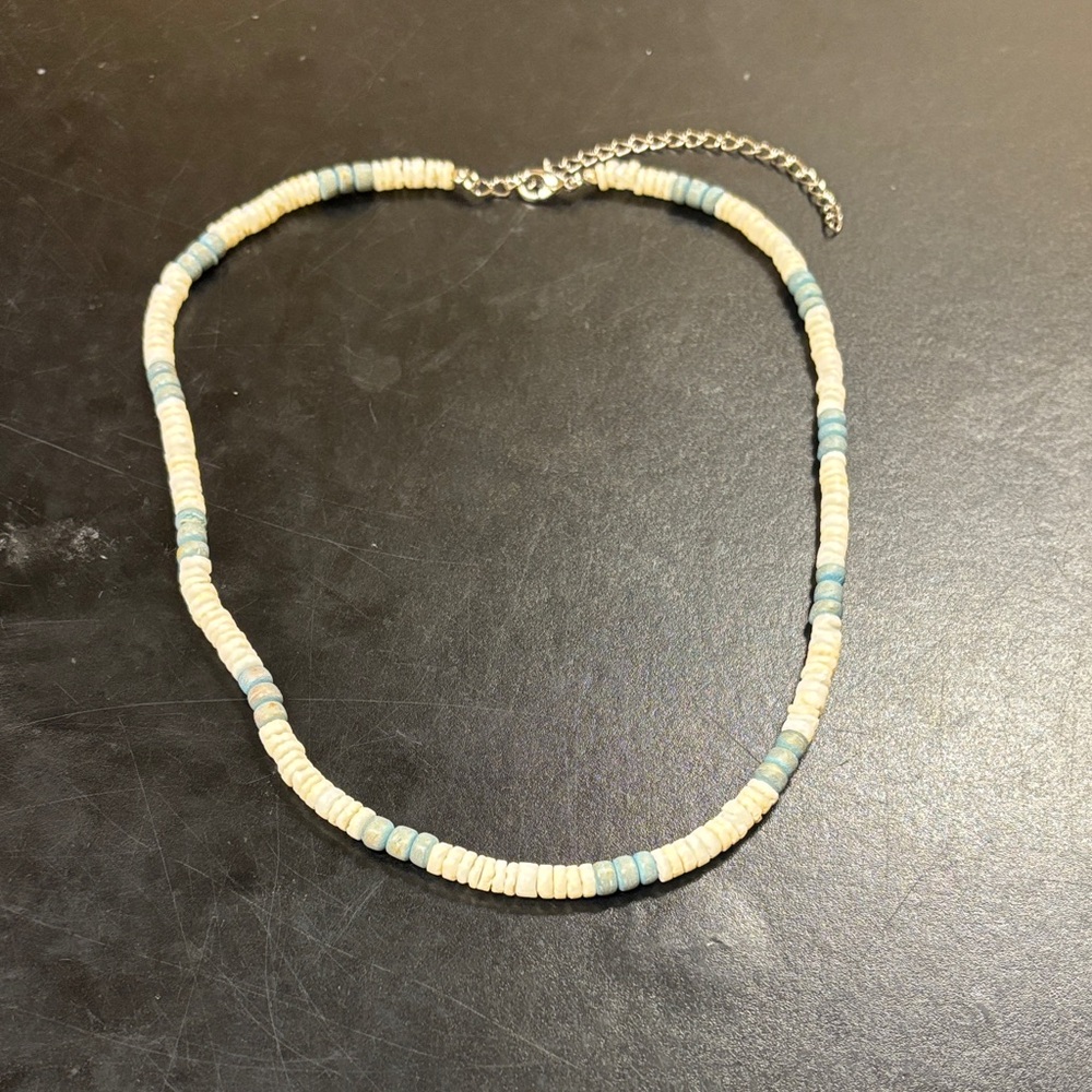 Cream and Blue Beaded Necklace